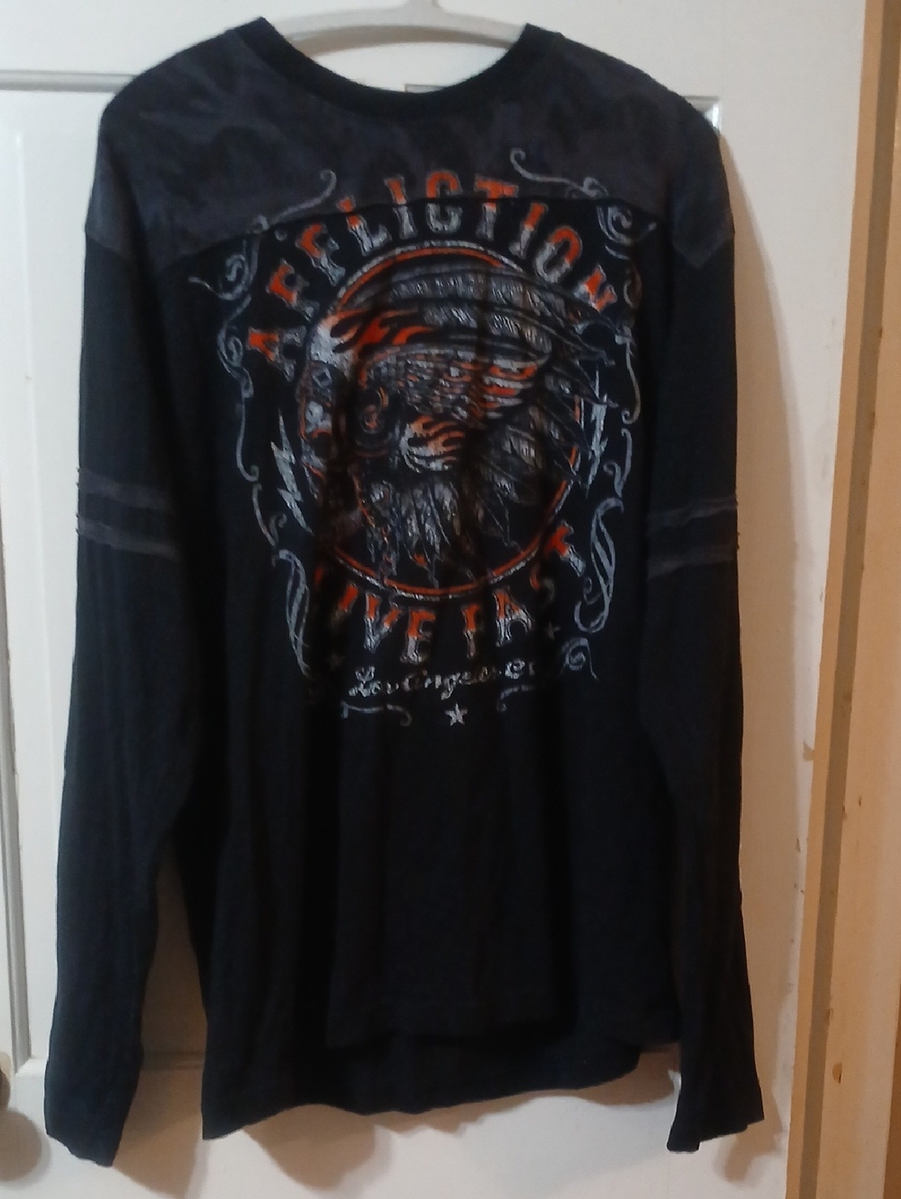 Affliction Black Long Sleeve Tee with Orange and White Graphic